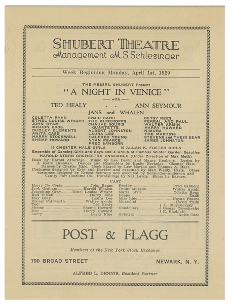1929 Newark's Shubert Theatre 20pp. Program Promoting ''A Night in Venice'' -- Moe Howard Listed as ''Harry Howard'' in Cast, as Well as Shemp Howard & Larry Fine -- 6'' x 8'', Split Spine, Very Good